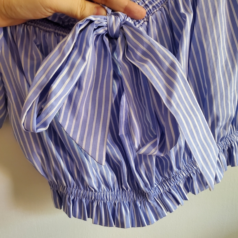 Zara striped off the shoulder Crop Top Bow Back Size S Preppy Feminine Coastal - Picture 7 of 13